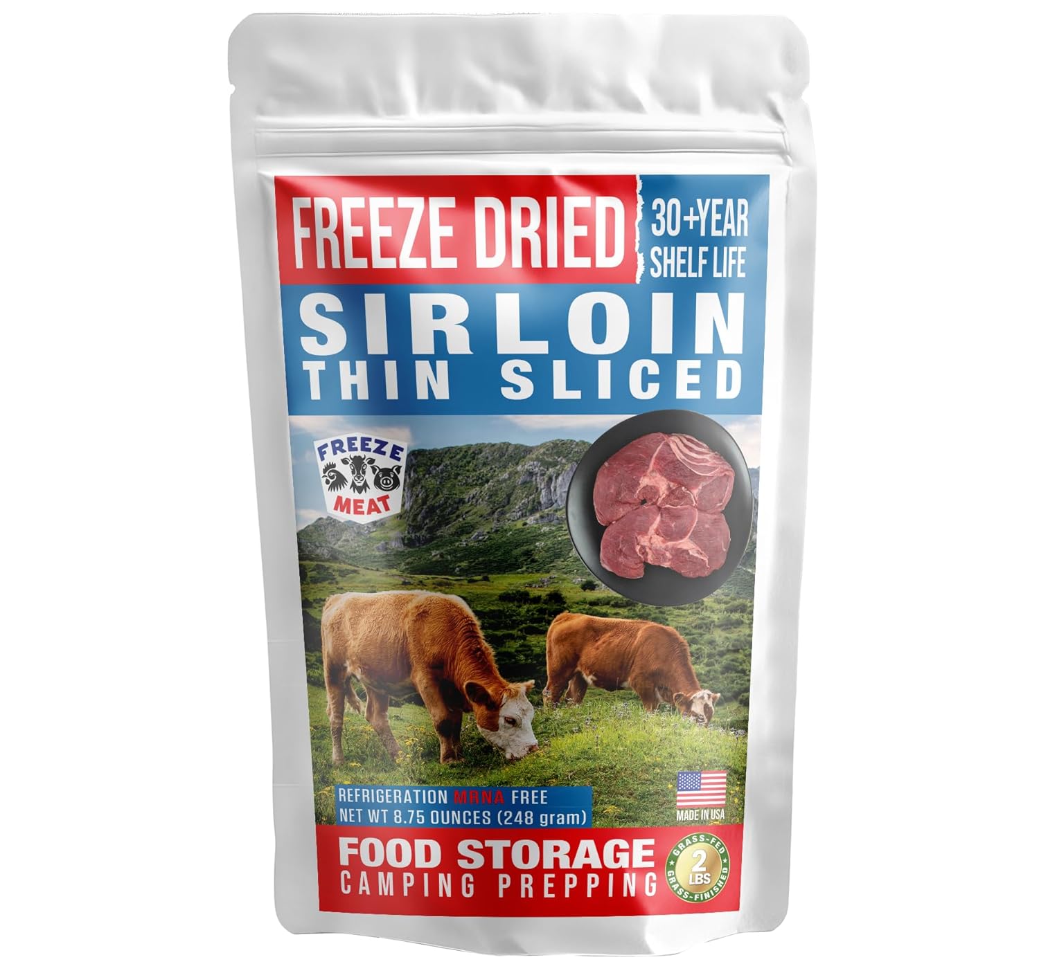 FREEZE MEAT Freeze-Dried Sirloin Steaks - Family Pack, 8.75 ounces, 30-Year Shelf Life, No Refrigeration Needed | Perfect for Backpacking, Camping, Emergencies, and Food Storage | Grass-Fed - Preserving Your Future
