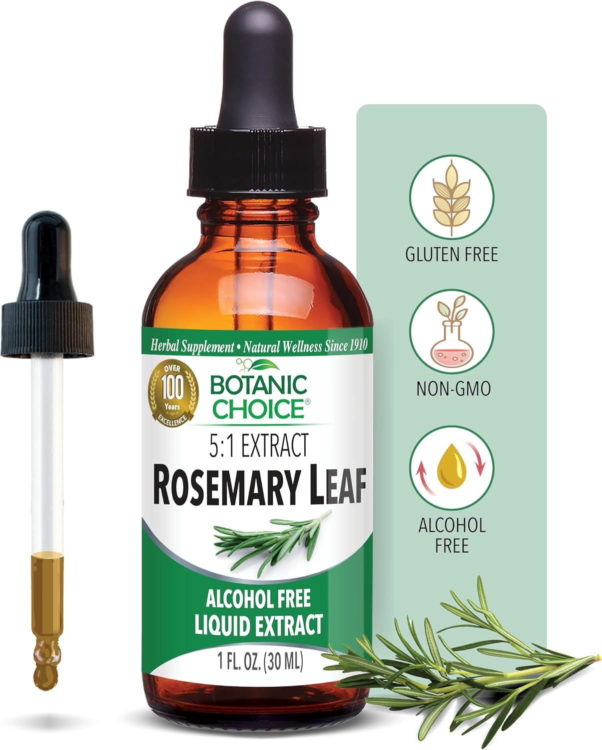 Botanic Choice – Rosemary Leaf Liquid Extract – Alcohol Free, Gluten Free – Fast Acting Supplement Drops – Easy to Use Dropper – 1 Fluid Ounce | Gluten-Free Herbal Supplement for Antioxidant Support; Easy-to-Use Dropper for Precise Daily Servings