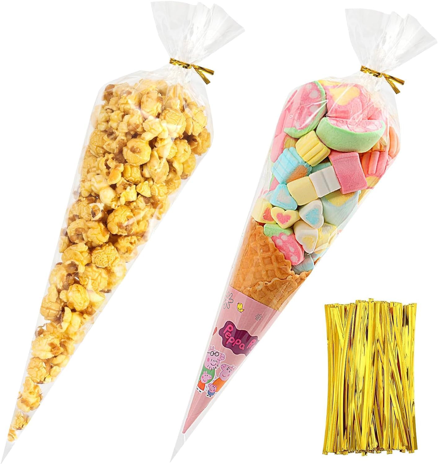 SUREHOME Cone Shaped Treat Bags Bulk 100 Pcs 7 x 15 In Clear Cellophane Bags with Ties Individual Triangle Popcorn Bag Plastic Cone Bag for Treats Gift Giving Party Favor Candy Snack Wraps