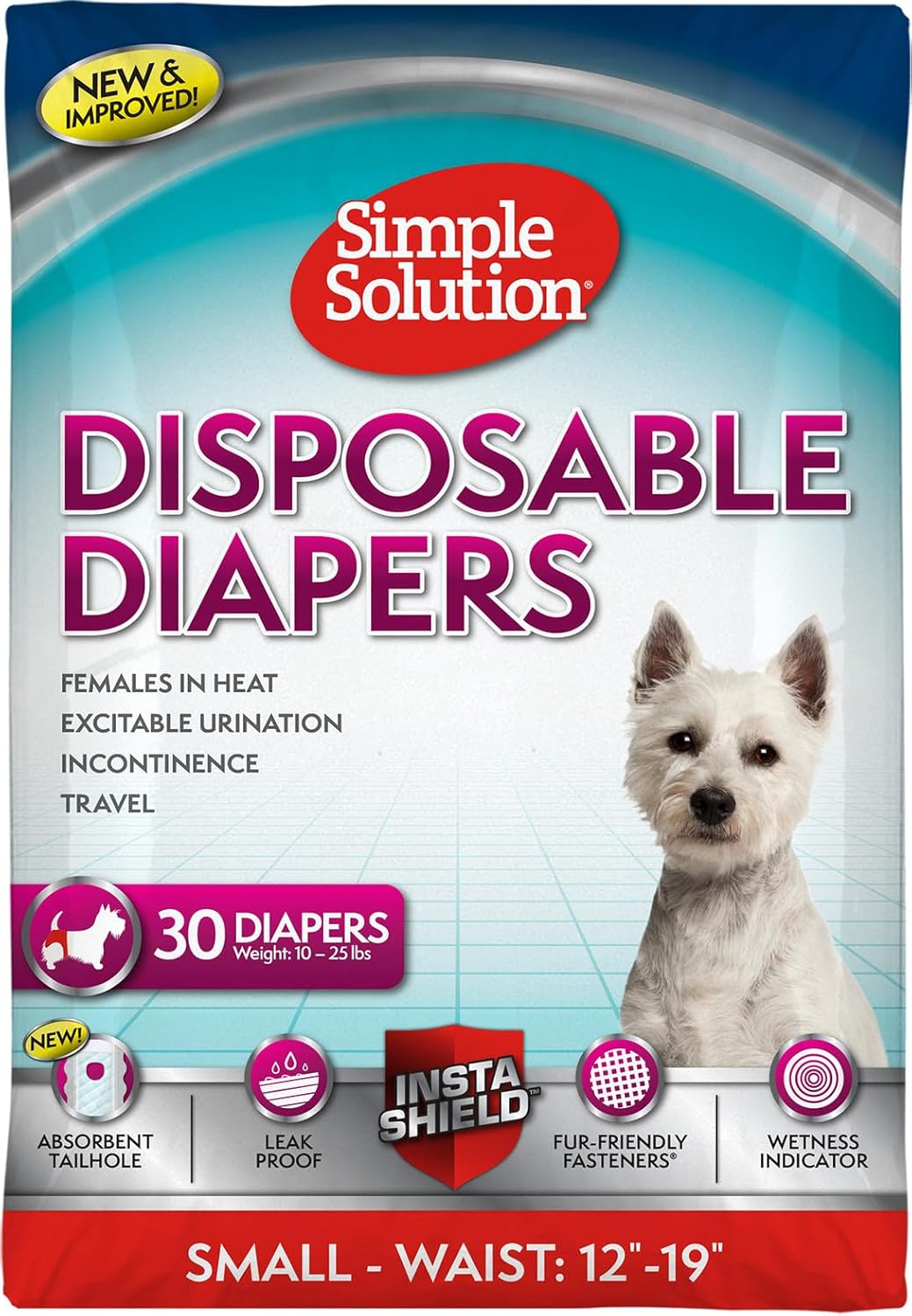 Simple Solution Female Dog Diapers – Disposable Diapers for Potty Training, Incontinence, and Heat Cycle Protection – Leak-Proof Fit for Small Dogs, 12–19 Inch Waist – 30 Count