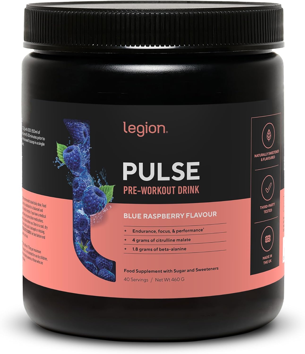 Legion Pulse Pre Workout Supplement - All Natural Nitric Oxide Preworkout Drink to Boost Energy, Creatine Free, Naturally Sweetened, Beta Alanine, Citrulline, (Blue Raspberry)