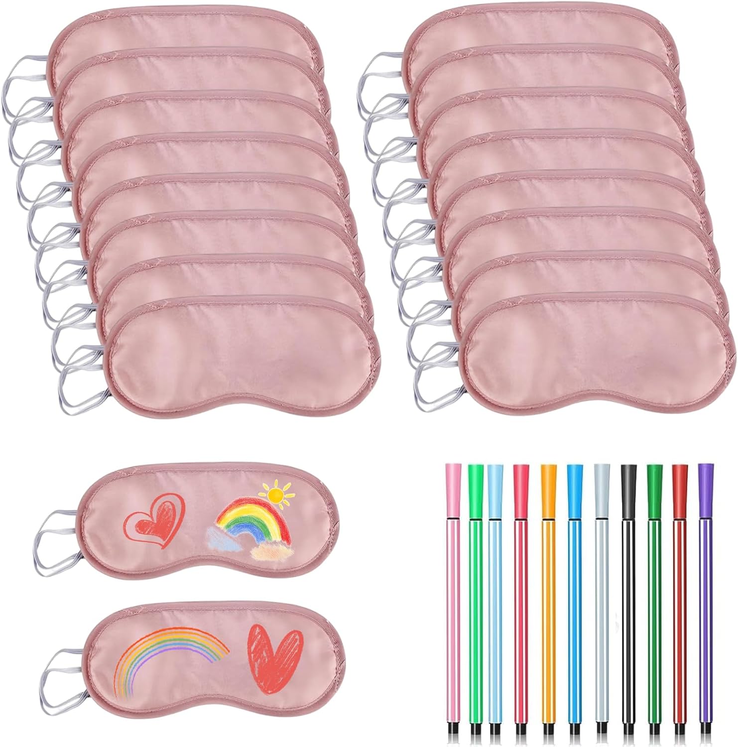 Sleepover Party Supplies for Girls, Eye Masks, 16 Pcs Eye Mask Bulk Party Supplies with 12 Fabric Marker Pens, DIY Color Your Own Eye Covering for Travel Game Sleepover Party Supply (Pink)