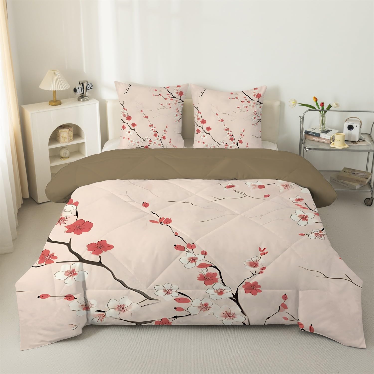 LSSLK Peach Blossom Double Duvet 4.5 Tog, Spring Plant Reversible Coverless Duvet Double, Soft Bedding Comforter Sets for All Seasons, Lightweight Quilt with 2 Pillowcases - 200x200 cm