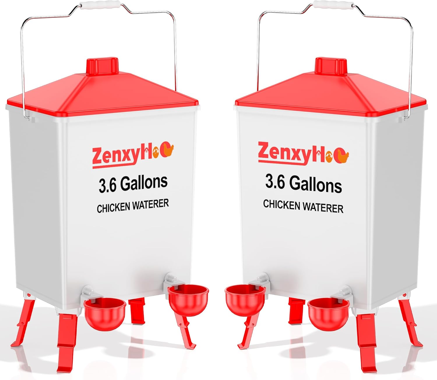 2 * 3.6 Gallons Chicken Waterer Bucket with Handle, Adjustable Legs and Anti Roost Cone