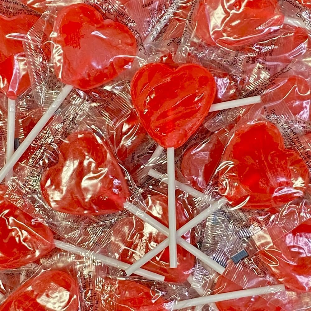 50 Heart Shaped Lollipops Cherry Flavoured Sweet Candy Lollies, Ideal for Snack Cupboard, Weddings, Valentines, Party Bag fillers