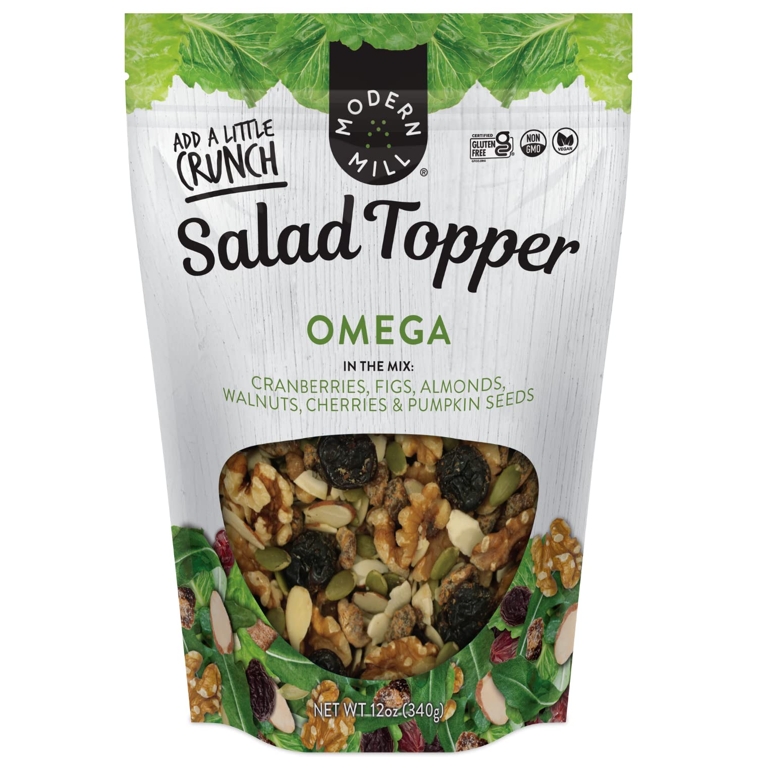 Modern Mill Omega Mixed Salad Topper By Gourmet Nut - Dried Cranberries, Figs, Roasted Sliced Almonds, Walnuts, Cherries & Pumpkin Seeds - Gluten Free, Kosher, Vegan Snack Mix - 12 oz Resealable Bag