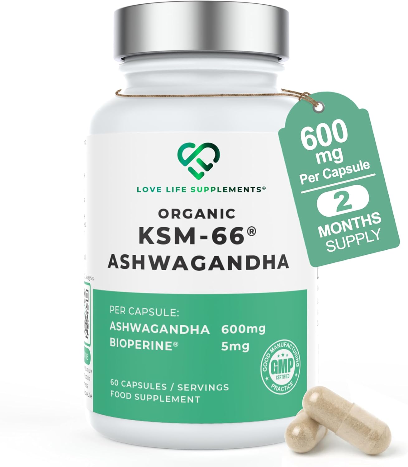 High Strength Organic Ashwagandha KSM-66®, 600mg per Capsule, 2 Month Supply - 60 Capsules, 5% Withanolides, Bioperine® for Increased Absorption, Zero Fillers, Lab Tested - Love Life Supplements