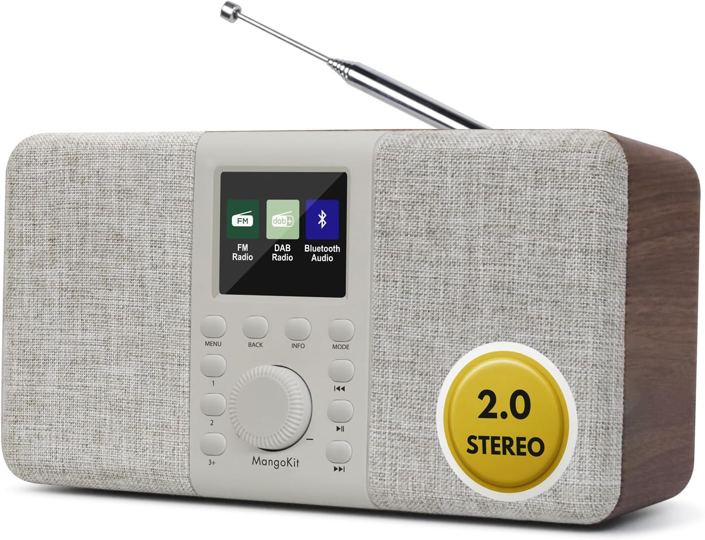 MangoKit MD5 Stereo DAB Radio with Bluetooth, 2.4" Colour Display–Portable Digital Radio w/DAB/DAB+/FM, True 2.0 Dual Speakers, 40 Presets,Alarms&Snooze & Sleep, USB-C Mains or AA Battery Power-Walnut