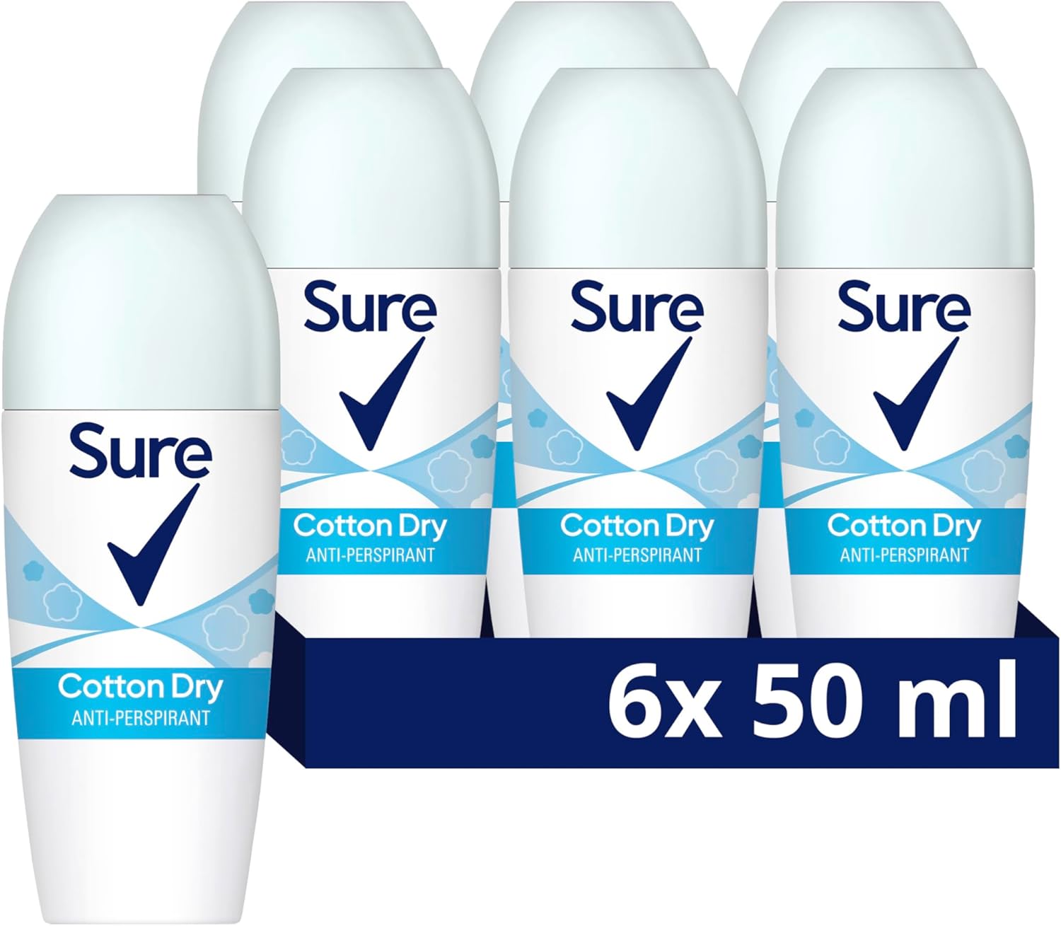 Sure Cotton Dry Anti-Perspirant Roll On Women's Deodorant with a clean fragrance inspired by fresh cotton sheets for 48 hour sweat and odour protection 6x 50 ml