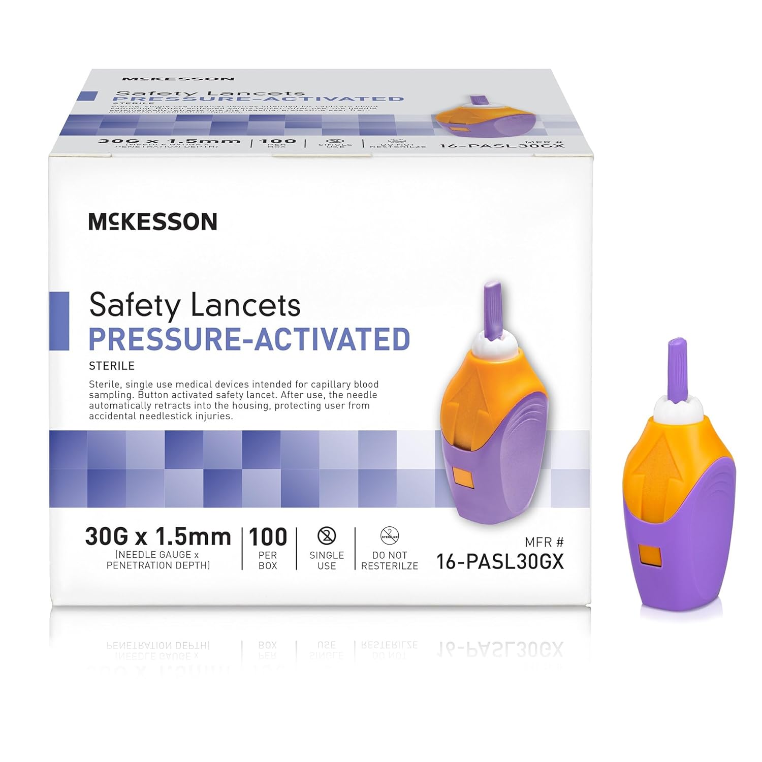 McKesson Safety Lancet, Retractable, Pressure-Activated Finger Device, Sterile - Ideal for Blood Testing - Single Use, 30 Gauge, 1.5mm Depth, 100 Count, 1 Pack