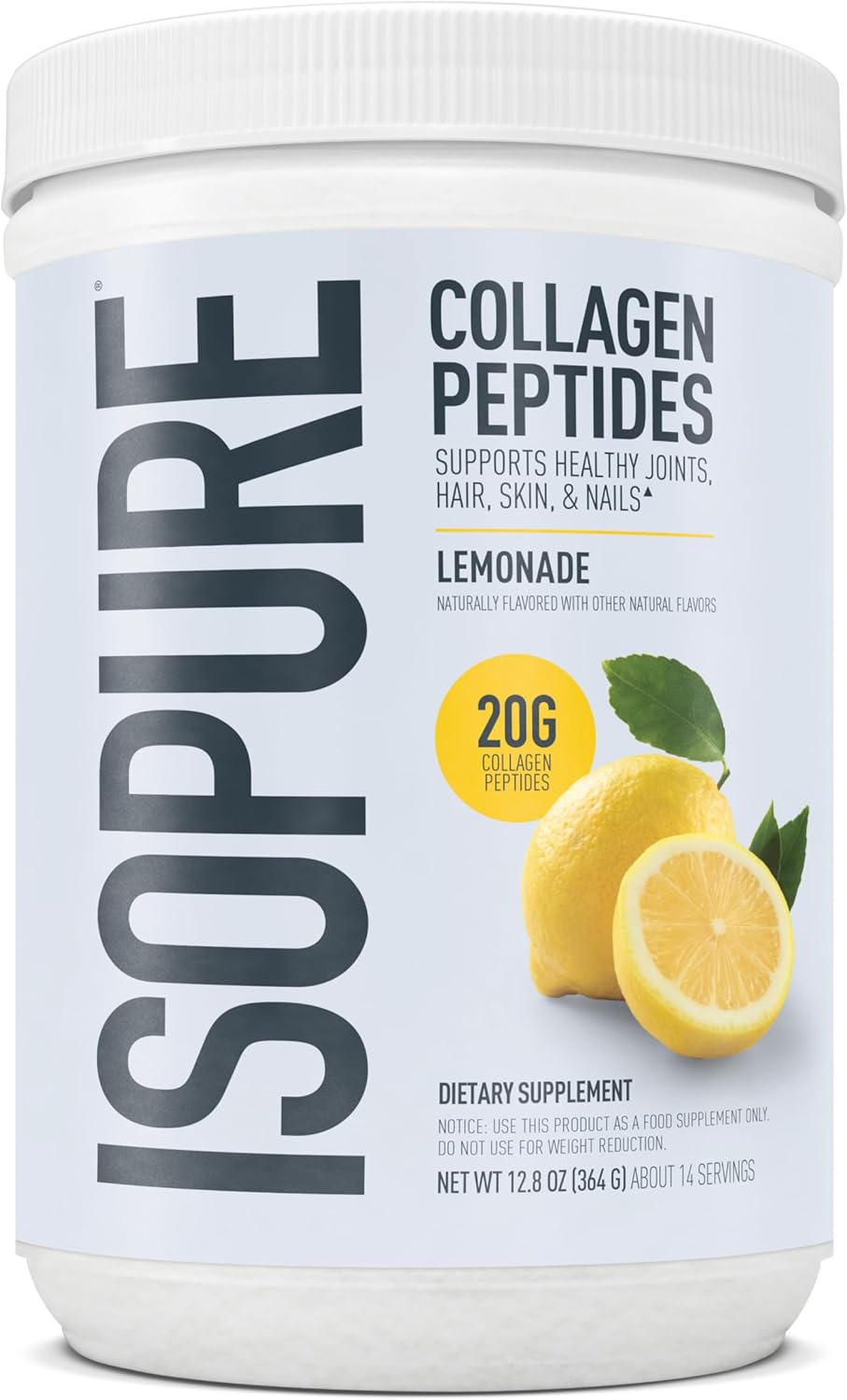 Isopure Collagen Peptides Powder, Promotes Hair, Nail, Skin and Joint Health, with Vitamin C and Biotin, Lemonade, 20g Collagen Peptides Per Serving, 11.36 Oz, 14 Servings (Packaging May Vary)