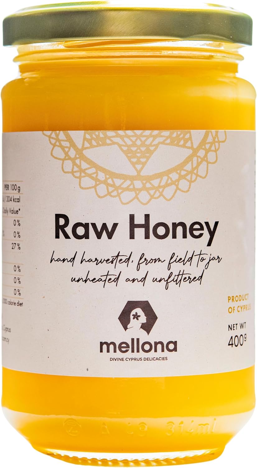 Mellona 100% Raw Honey, Natural Wildflower Creamy Golden Honey, Unprocessed, Unheated & Unfiltered, Ethical Hand Harvest from Hive to Jar, No Sugar-Fed Bees, 400g