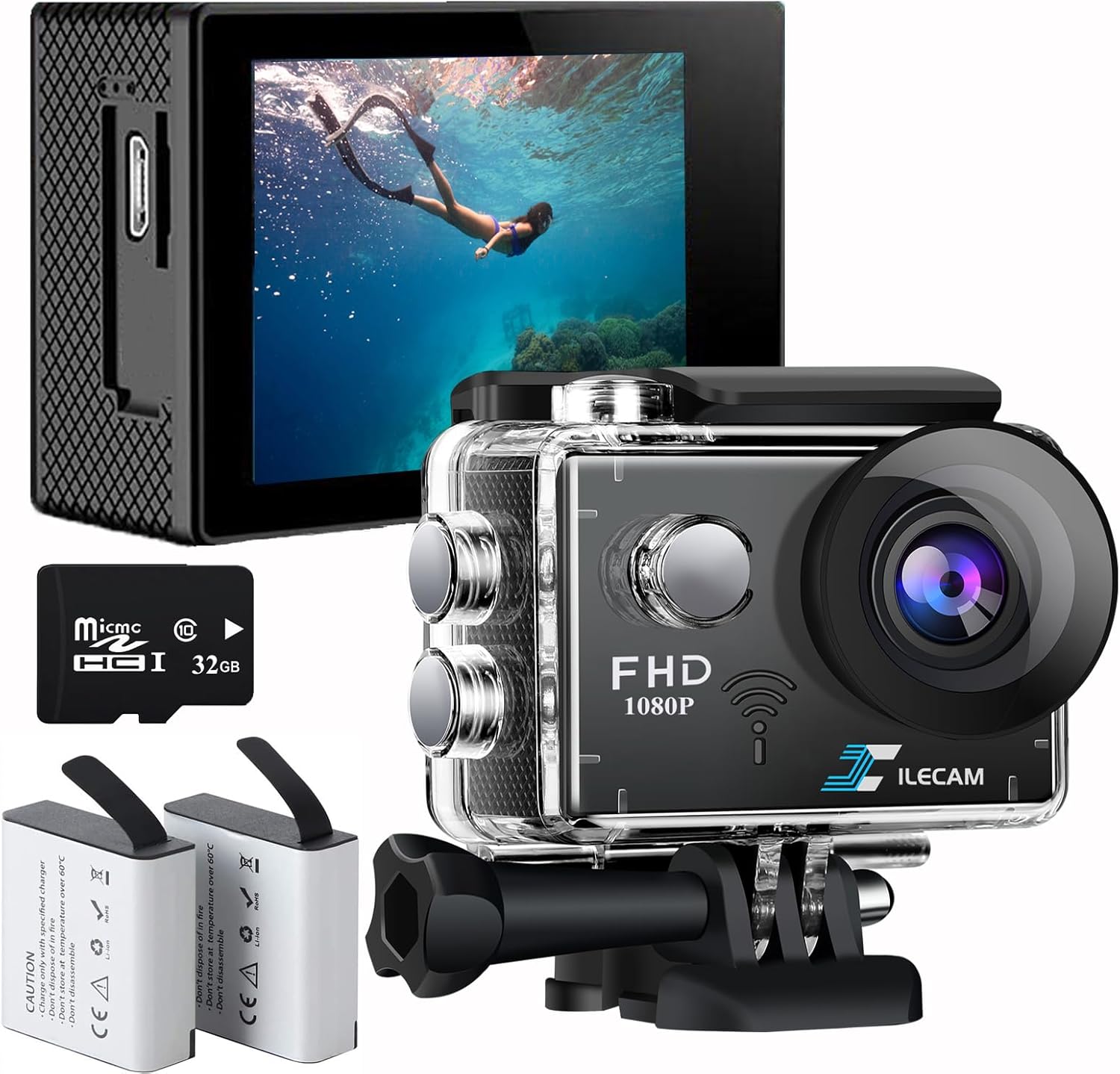 Action Camera 1080P WiFi Sports Camera 32GB Memory Card Action Camera 4xZoom 131ft Underwater Waterproof with 2 X1050mAh Batteries and Multi-Function Accessory(X2R)