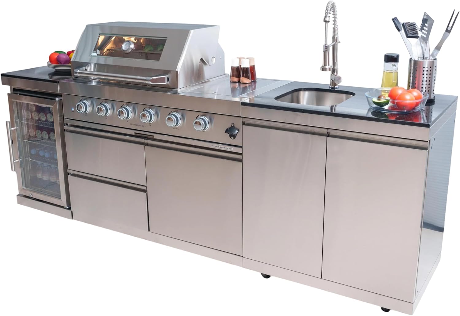 104 Inches 4-Burner 72000 BTU Deluxe Stainless Steel Gas Outdoor Kitchen Bar Barbecue Island Grill, Wine Cooler Compact Refrigerator, Rotisserie Kit, Granite Countertops, Stainless Steel Sink, Silver