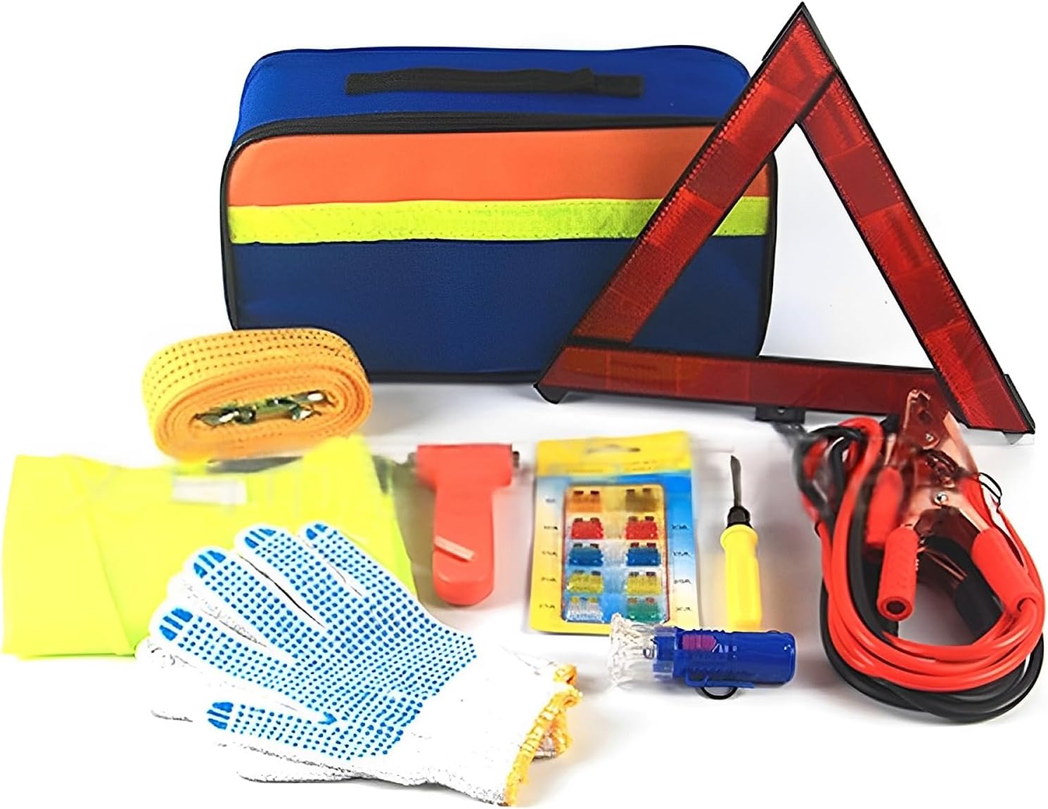 MEETOZ Car Emergency Breakdown Safety Kit 10-in-1 Vehicle Europe Roadside Assistance Travel Kit with Jump Leads, Tow Rope, Warning Triangle, Hi-Vis Vest, Emergency Hammer etc