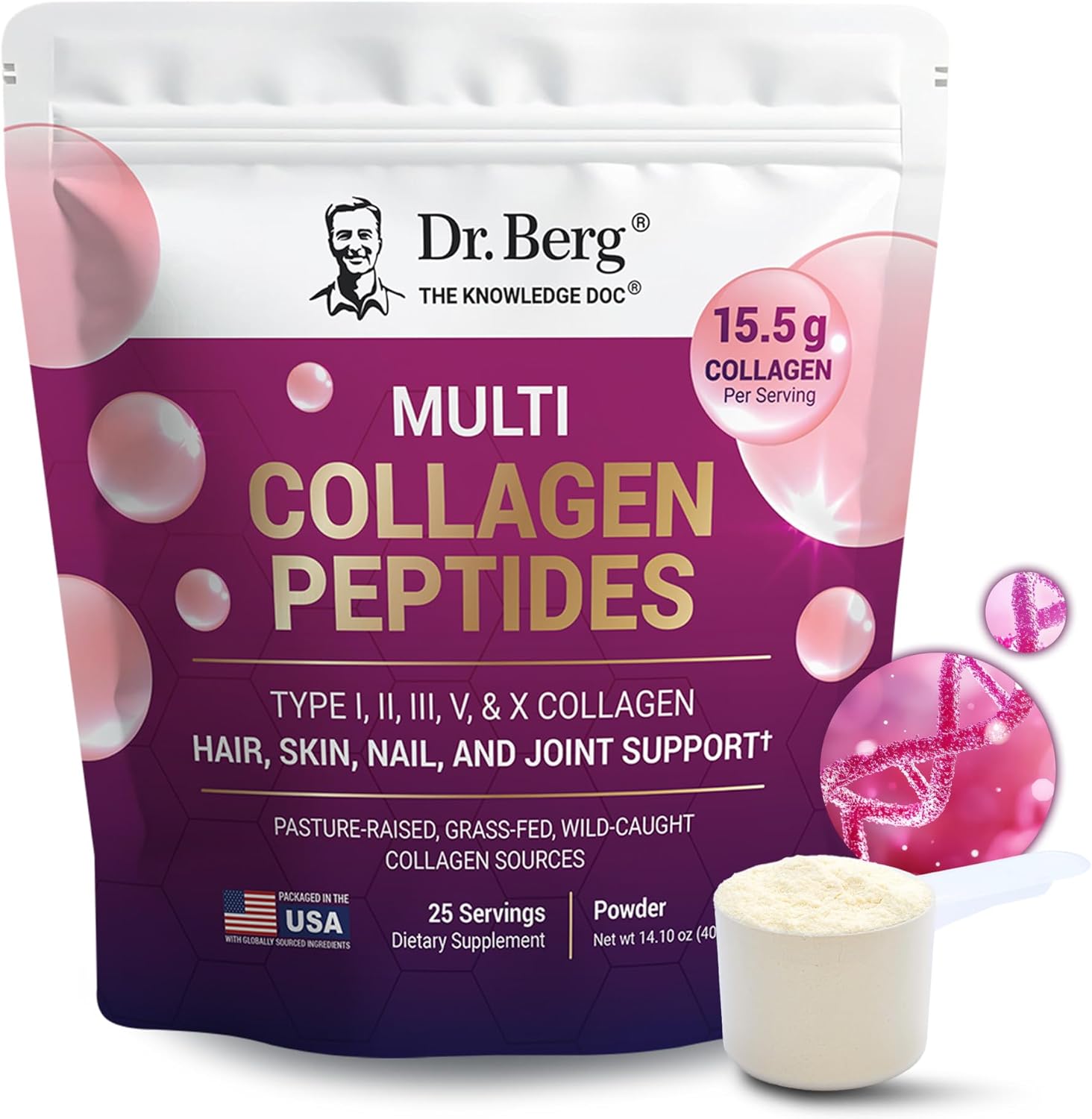Dr. Berg Multi Collagen Peptides Powder Types I, II, III, V, X - Unflavored Collagen Powder w/ 14 g of Protein - Grass-Fed, Pasture-Raised & Wild-Caught Collagen Sources - 25 Servings