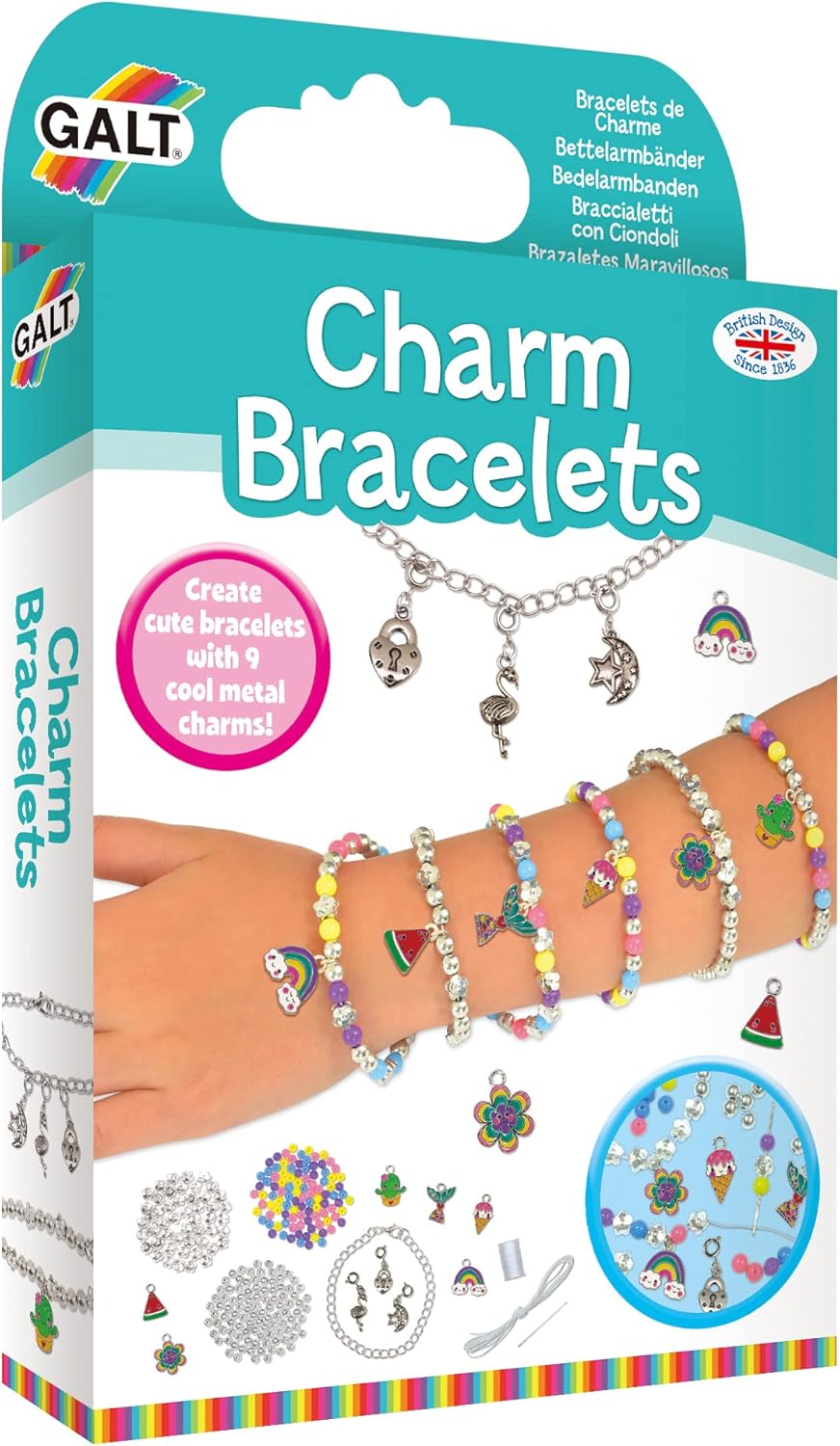 Galt Charm Bracelets - Fun Bracelet and Jewellery Making Kit - Craft Kit for Kids with Colourful Beads and 9 Clip-On Metal Charms - Childrens Arts and Crafts Set Makes 7 Bracelets - Ages 8 Years Plus