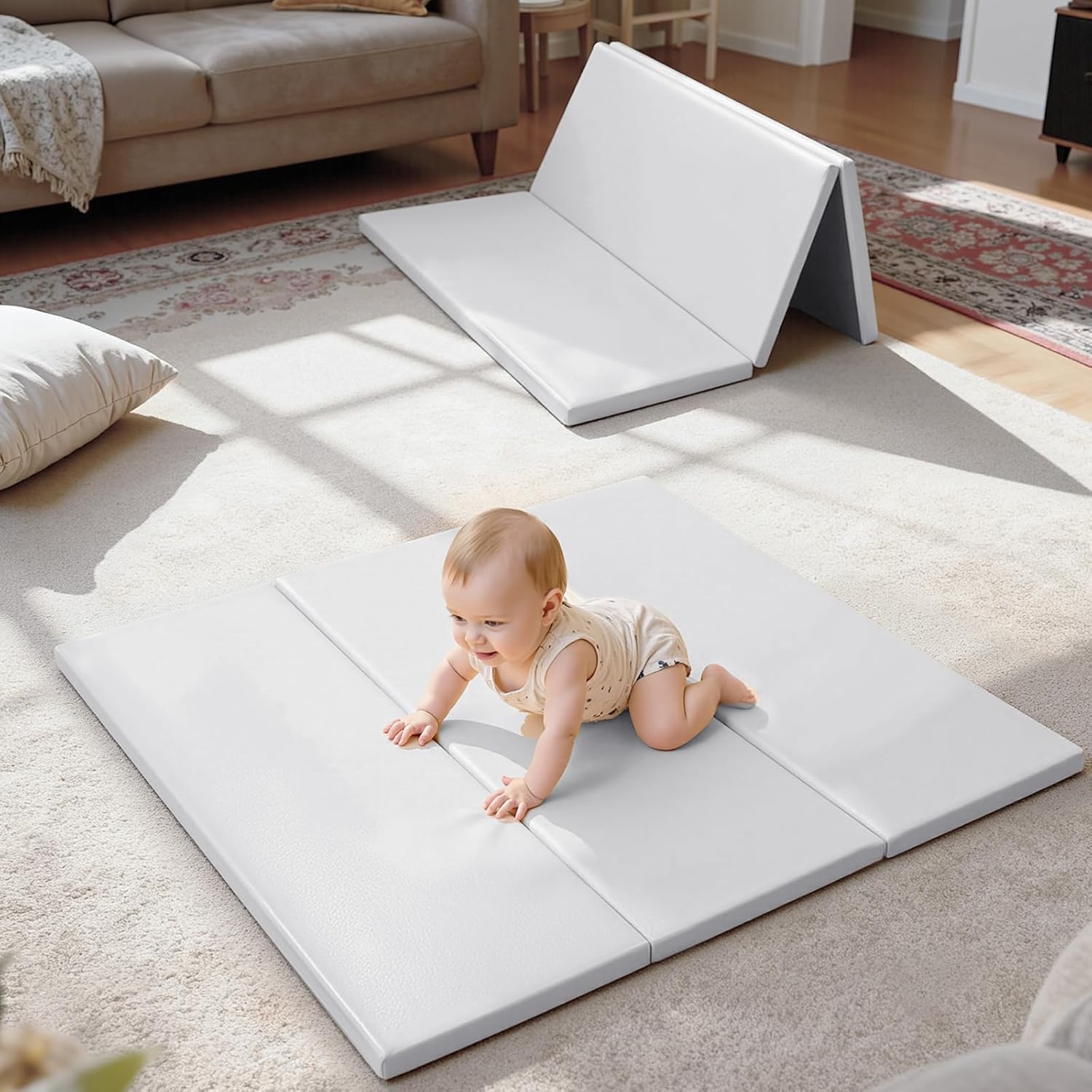 Foam Baby Play Mat: PU Leather Waterproof Kids Playmat - Trifold Floor Mat - Large Play Mat for Playpen Thick Pad Fodable Mattress Soft Toddler Mattress Infant Cushion for Preschool (Grey)