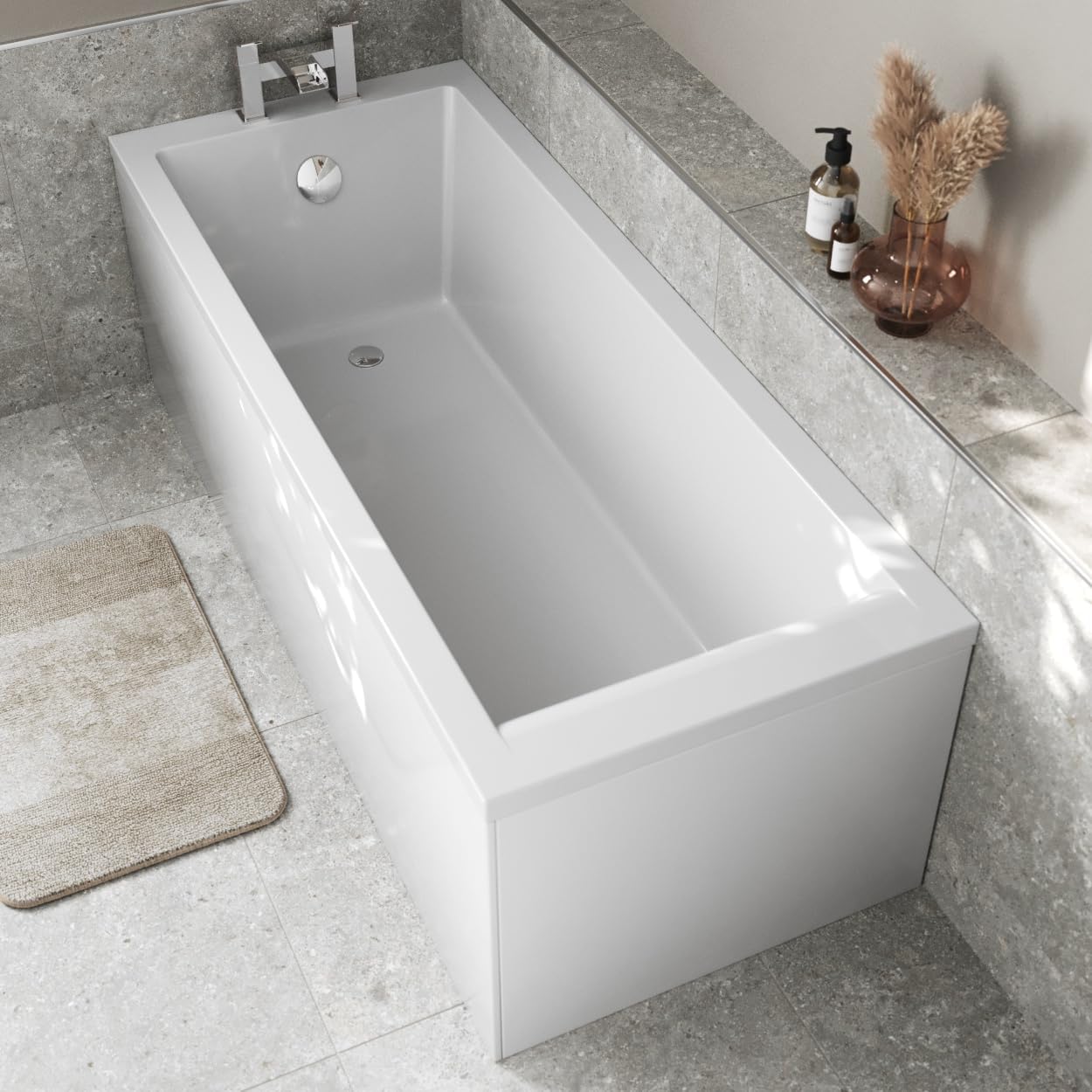 Baystone 1600 x 700mm Single Ended Straight Bath White Gloss Soaking Bathttub, Acrylic Baths for Bathrooms, Straight Square, Adjustable Feet, Side Panel Included