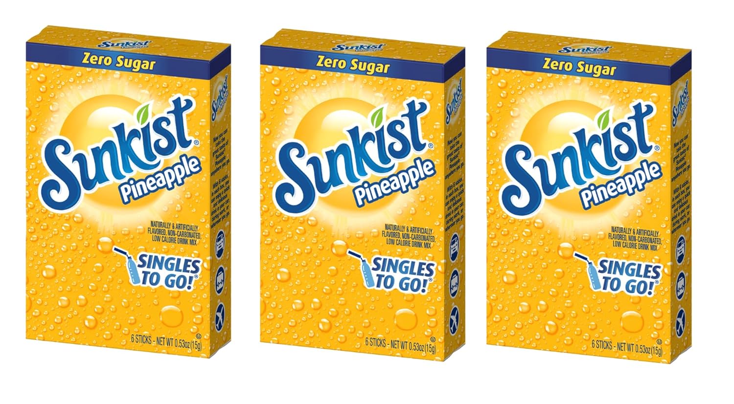SINGLES TO GO! Sunkist Drink Mix Pineapple, 3 Boxes with 6 Packets Each - 18 Total Servings - 0.18 Ounce (Pack of 3)