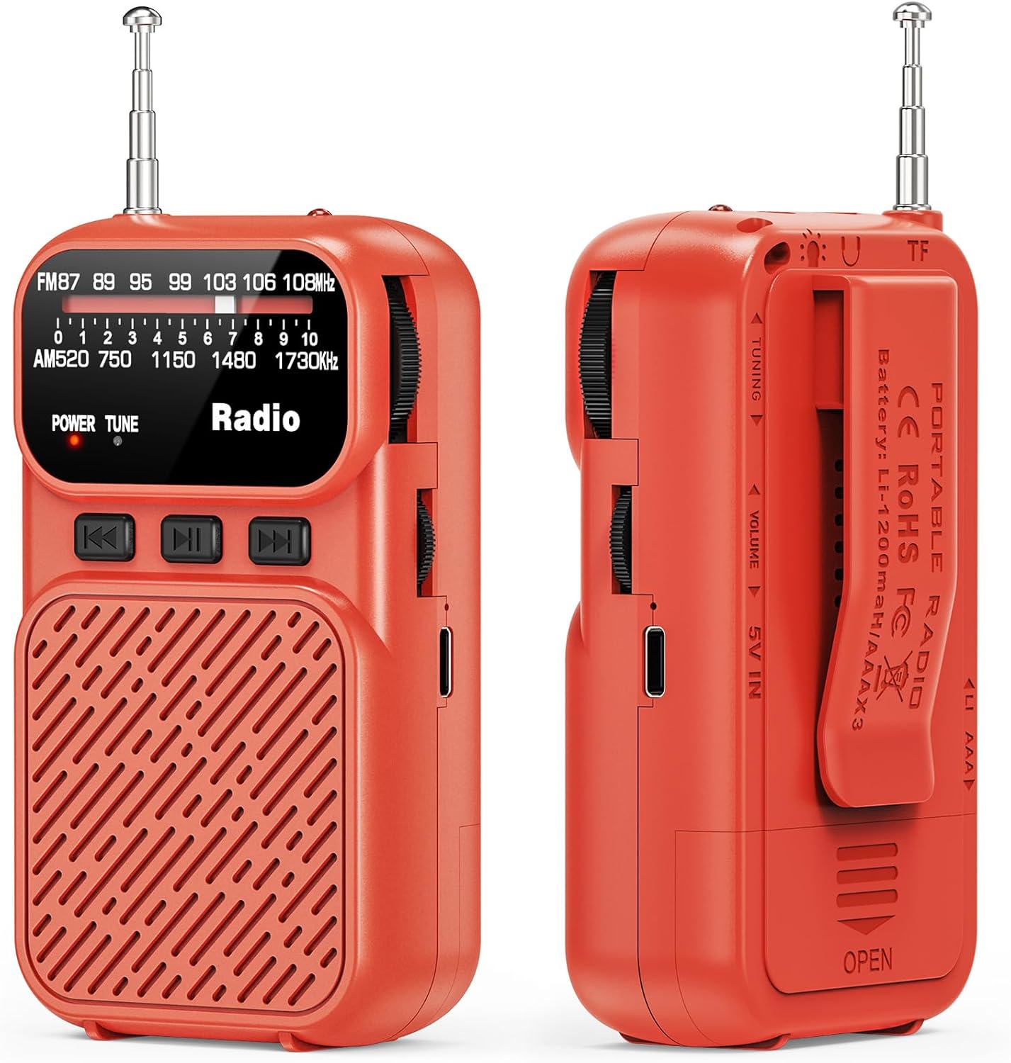 Goodes Portable Radio AM FM, Pocket Radio with Flashlight, Tuning Knob, TF Card Slot and Headphone Jack, 3AA Battery Operated or Plug in Wall, Transistor Radios for Gift, Family, Elder (Red)
