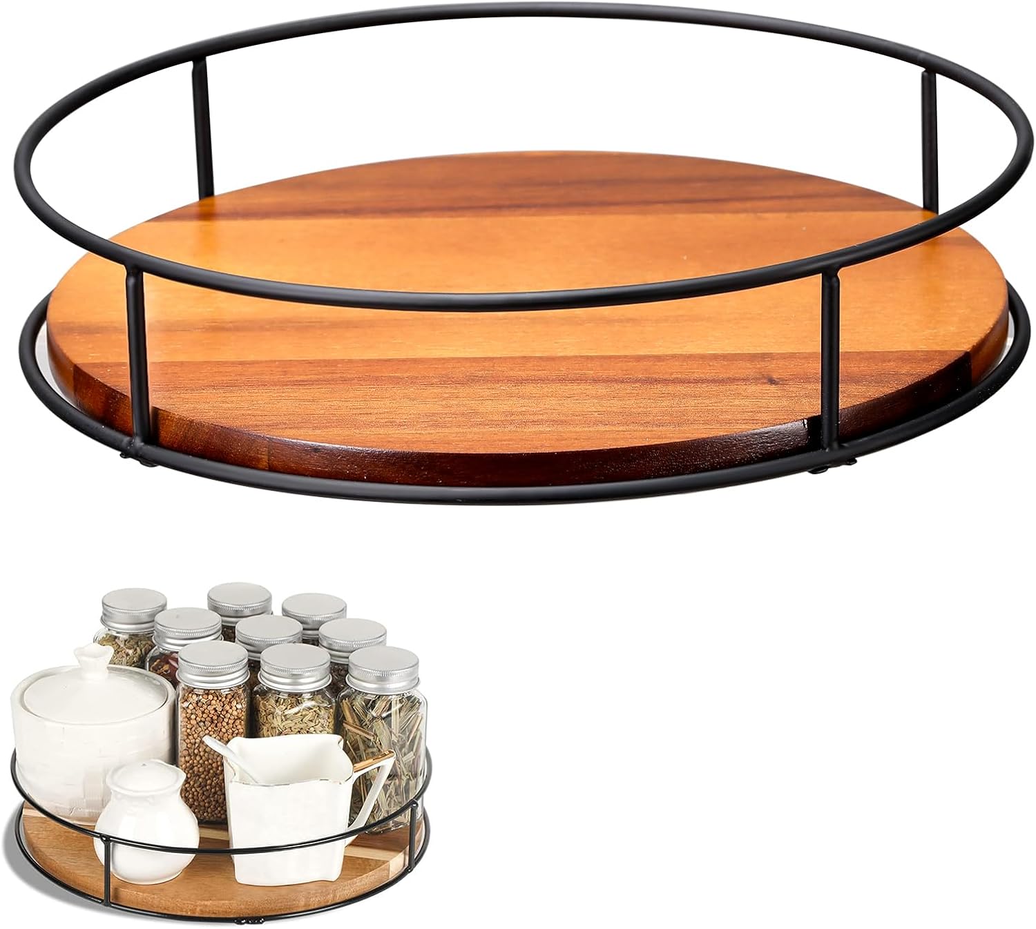 9’’ Turntable Organizer Wooden Lazy Susan Non-Slip 360° Rotating Storage Turntable Spice Rack Cupboard Round for Table Top Cabinet Kitchen Bathroom