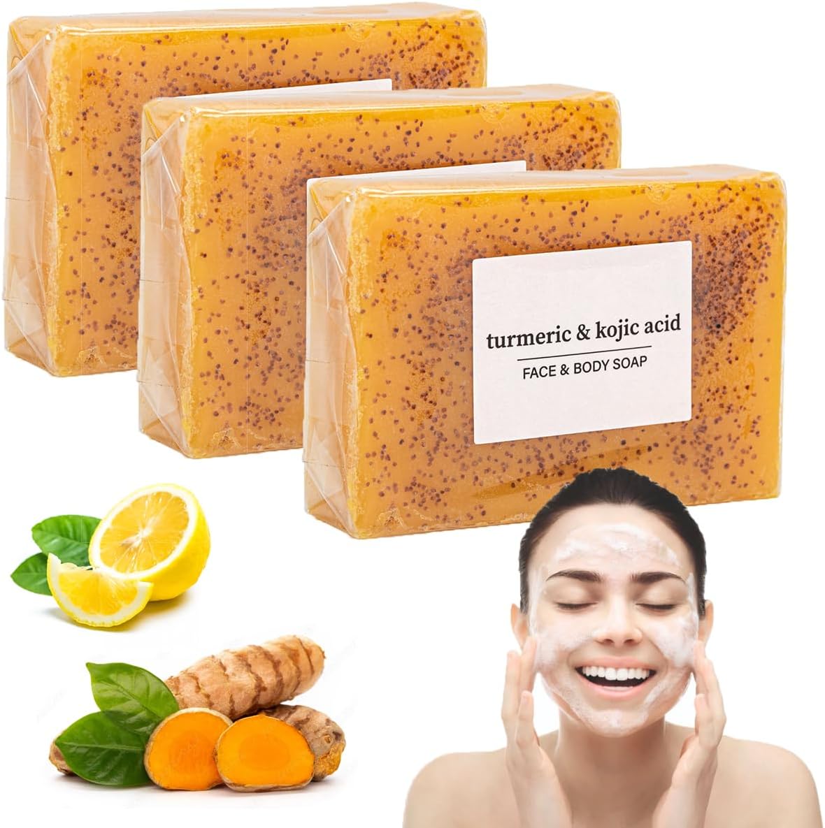 3PCS Turmeric Soap Bar, Natural Turmeric and Kojic Acid Soap for Acne, Dark Spots, Hyperpigmentation, Smooth Skin, Handmade Exfoliating Bar for Face & Body
