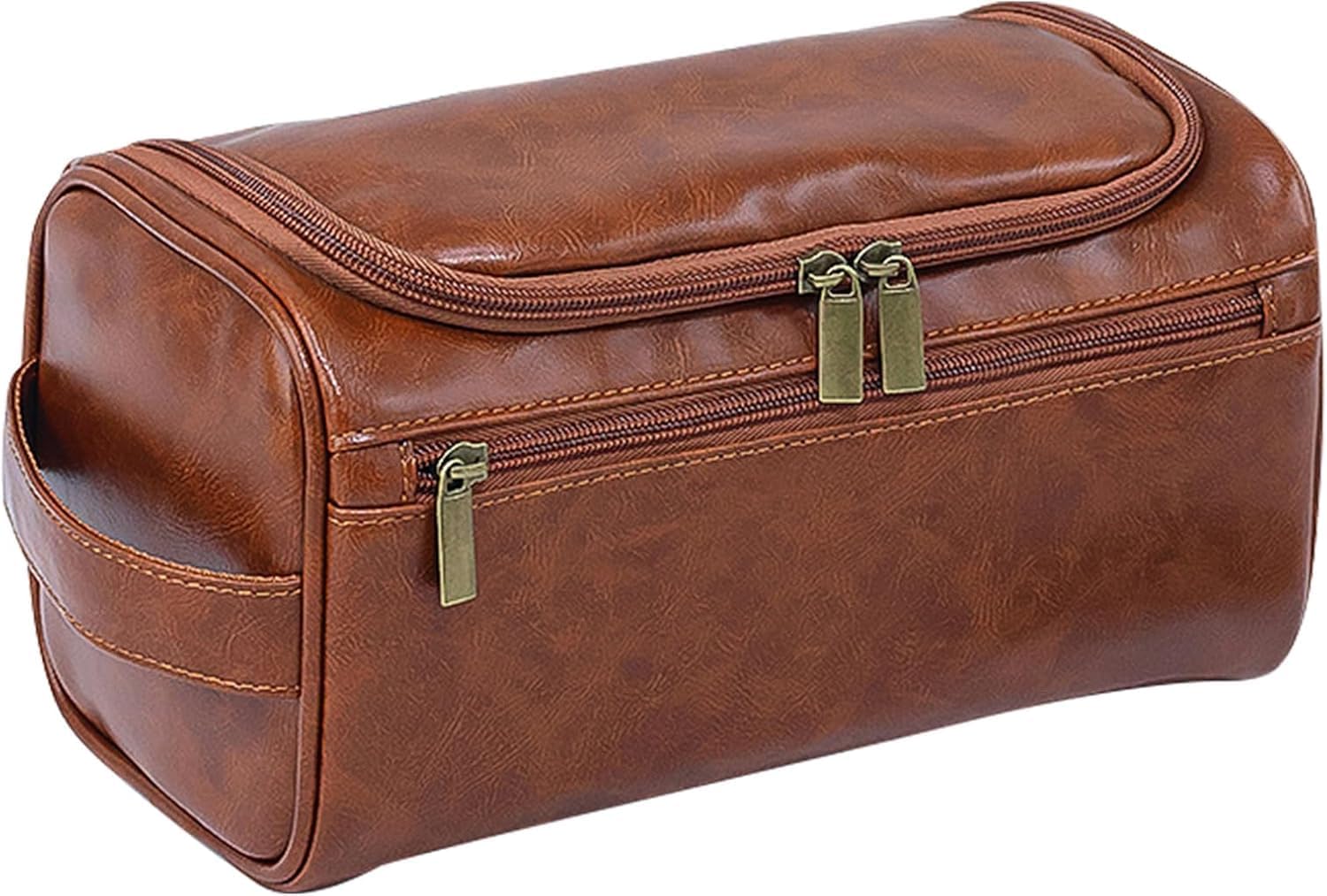 PU Leather Toiletry Bag for Men, Dark Brown Wash Bag for Travel, Gym & Shaving, Dry & Wet Separation with 3 Compartments - Perfect Men's Washbag (Brown)