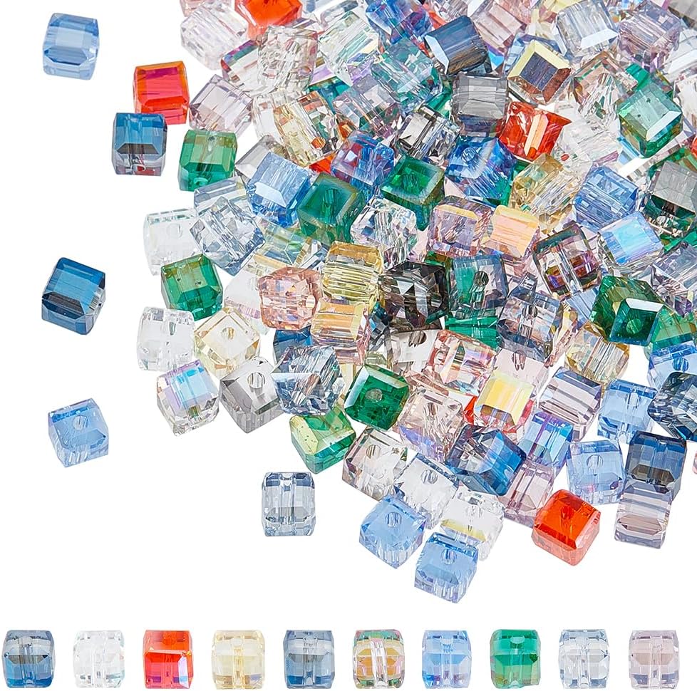 SUNNYCLUE 1 Box 200Pcs Mix Colors 6MM Square Glass Beads Cube Crystal Beads Clear Loose Colorful Faceted Transparent Spacer Bead for Jewellery Making Bead Assortments DIY Bracelets Necklace Crafts