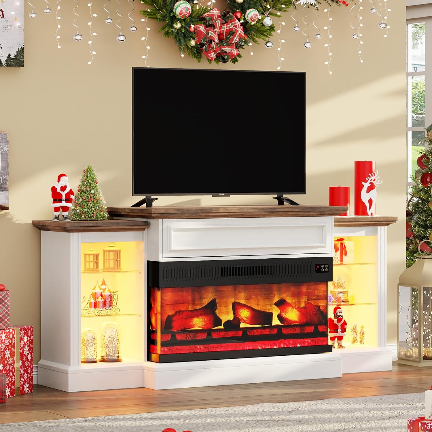 AMERLIFE 60" Electric Fireplace with Mantel, Farmhouse 3-Sided Fireplace TV Stand for TVs up to 65 Inch, Entertainment Center with Adjustable Shelves & LED Light, Distressed White