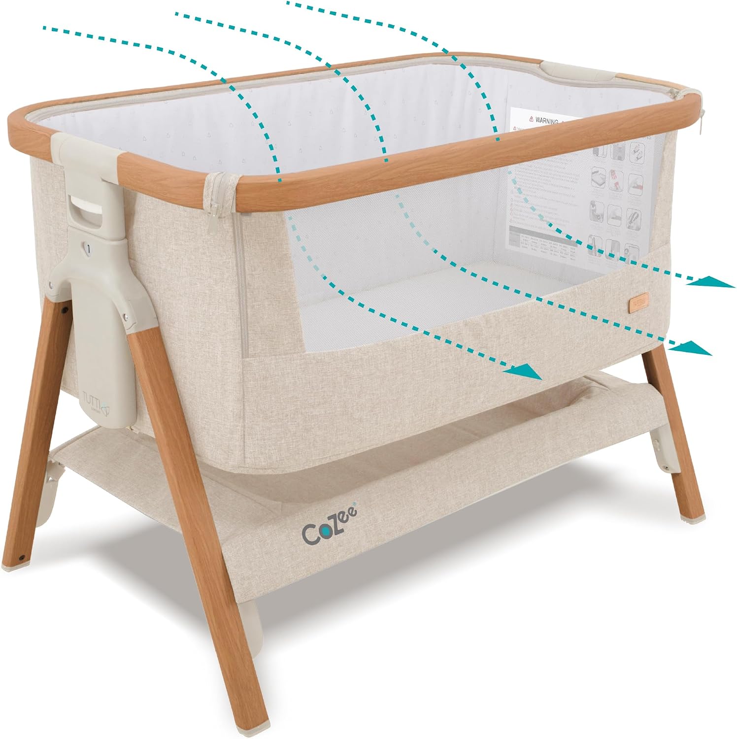 Tutti Bambini CoZee® 2-in-1 Baby Bassinet & Bedside Sleeper - Fast-Folding Bedside Bassinet, Baby Crib with 6 Mattress Heights & Breathable Mesh Window, Mattress Included, 0-6 Months (Walnut & Ecru)