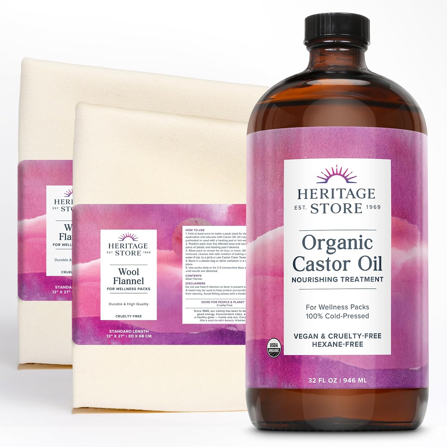 HERITAGE STORE Organic Castor Oil Pack Wrap Kit - Soothing Castor Oil Packs, Heat Compress for Abdomen, Joints, Overall Health, 32oz Cold Pressed Organic Castor Oil, Two 12 x 27in. Wool Flannel Cloths