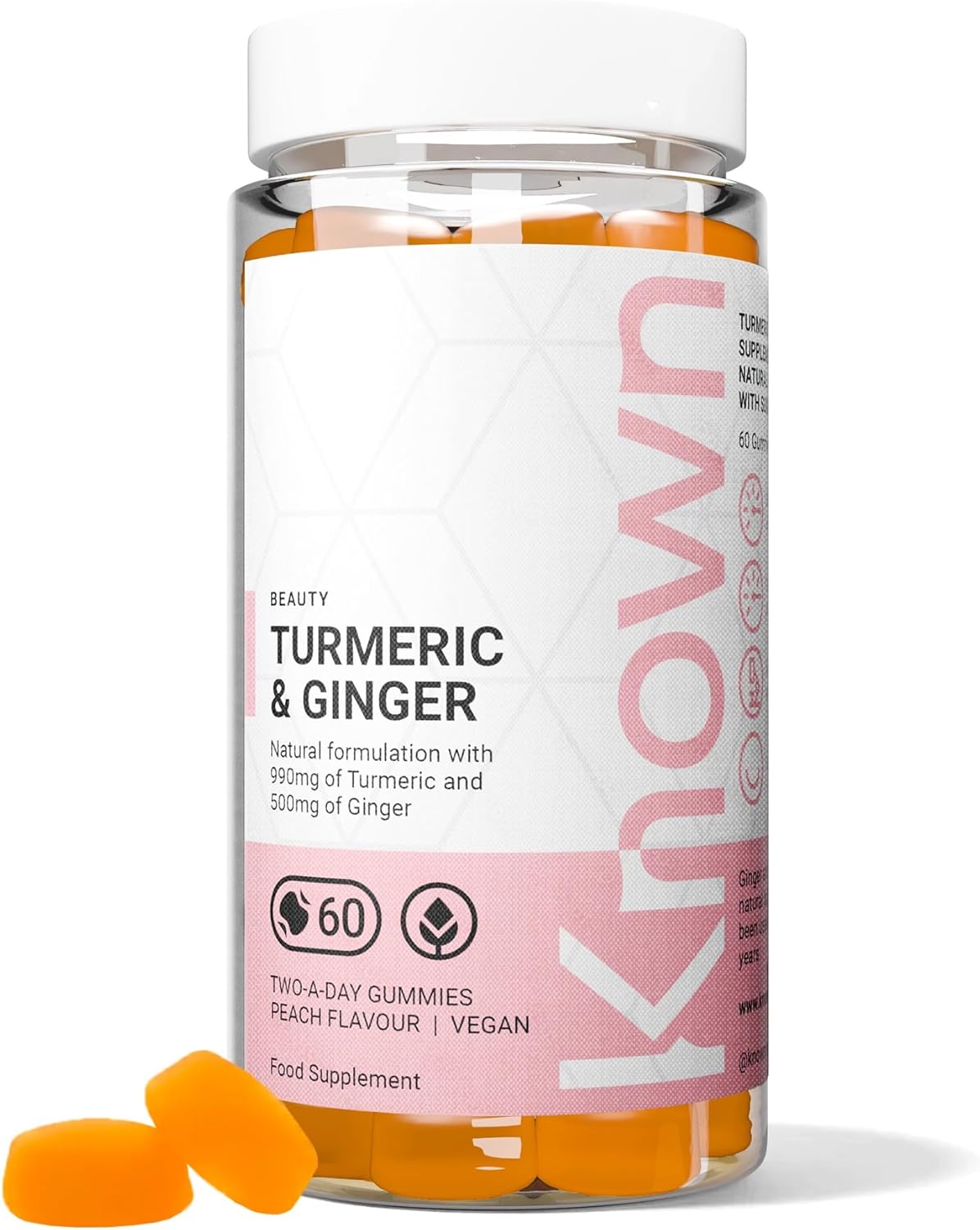 Known Tasty Turmeric & Ginger Gummies by Known Nutrition - 990mg Turmeric & 500mg Ginger - Natural Peach Flavour - 60 Vegan Gummies, 1 Month Supply