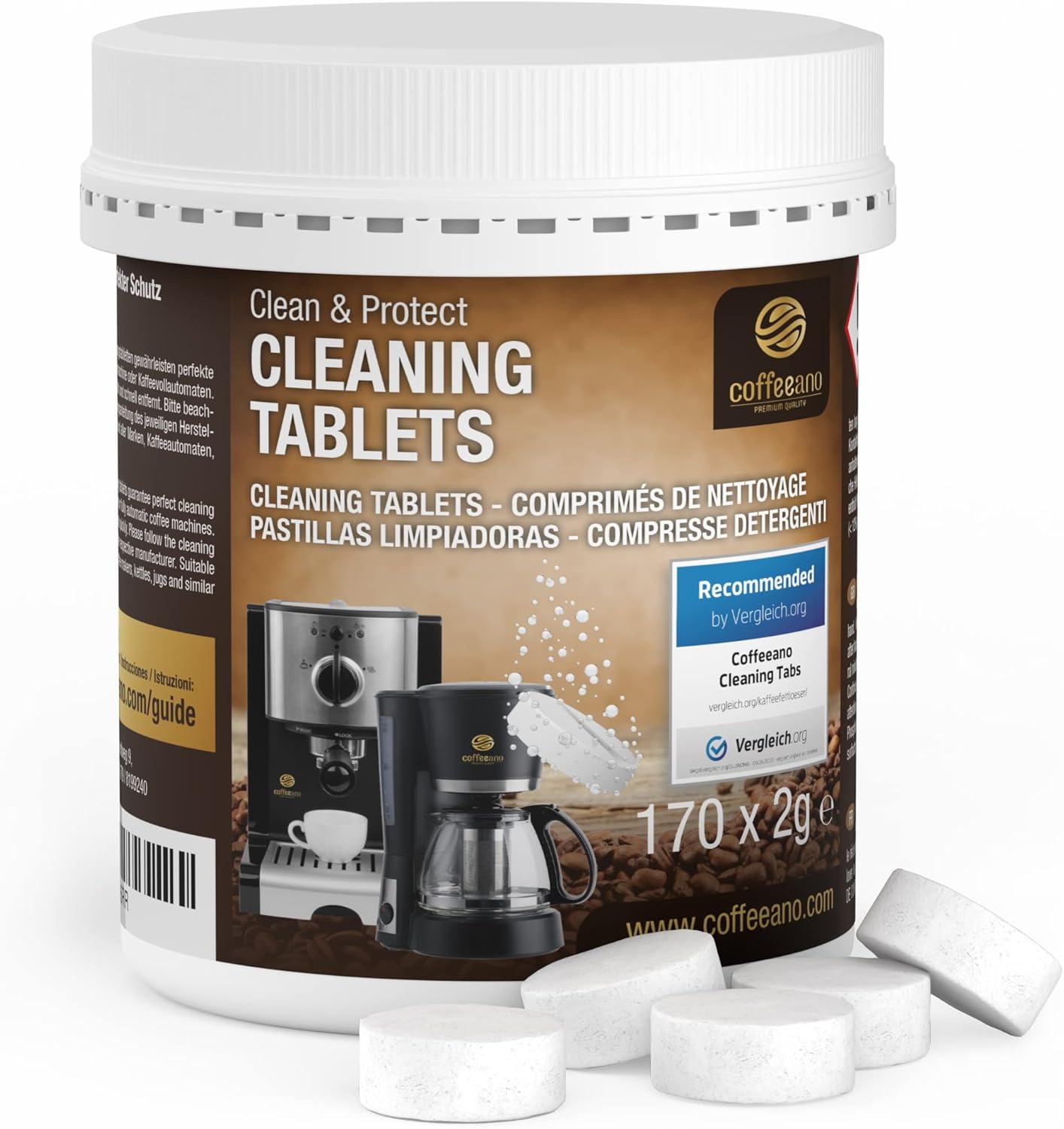 Coffeeano Clean&Protect 170 cleaning tablets for all coffee machines. Cleaning tabs compatible with all brands and machines. Incl. e-book