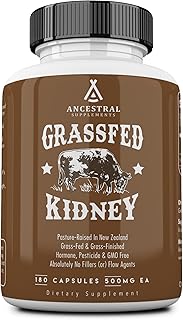 Ancestral Supplements Grass Fed Beef Kidney Supplement, 3000mg, DAO Enzyme Supplement, Kidney Support for Urinary and Histamine Health, Selenium, B12, Non GMO, 180 Capsules