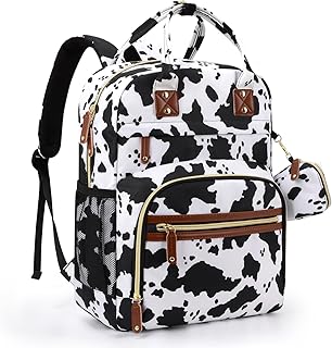 Tuwubi Diaper Bag Backpack, Baby Essentials Travel Tote Bag, Multi function Waterproof Backpacks, Travel Essentials with Stroller Straps & Pacifier Case - Cow Print