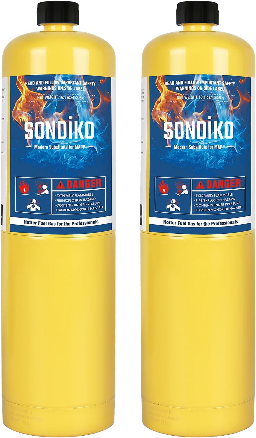 Sondiko Pre-Filled MAP-Pro Gas Torch Style Cylinder, Standard Propane Fuel Cylinder, Propane Hand Torch Cylinder, Portable and Convenient Fuel Source, Durable Steel Construction, 2 Pack