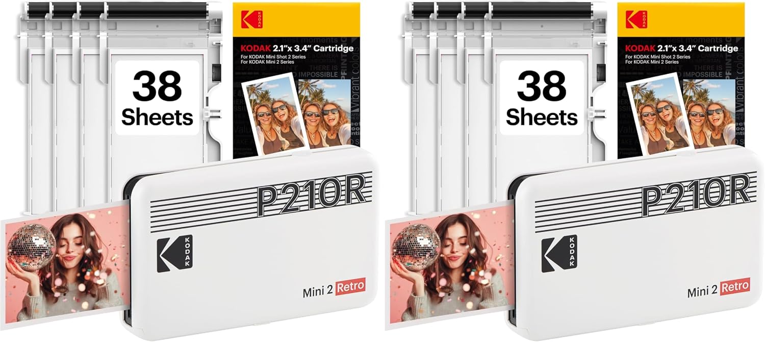 KODAK Mini 2 Retro 2x3 Portable Photo Printer, 38 Sheets, Bluetooth Smartphone Printer for iPhone & Android, Instant Color Prints, 4PASS Dye Sublimation, White (Pack of 2)