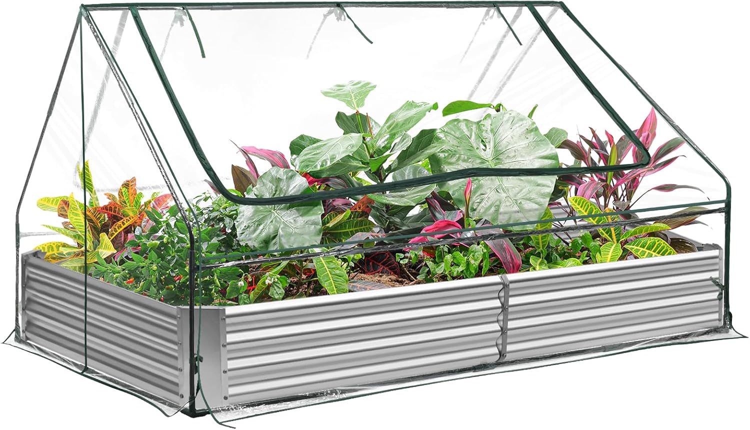 Land Guard 6x3x1ft Galvanized Raised Garden Bed with Waterproof Cover Small Mini Portable Antifreeze Greenhouse Kit for Metal Planter Box with 2 Huge Roll-up Zipper Door Window