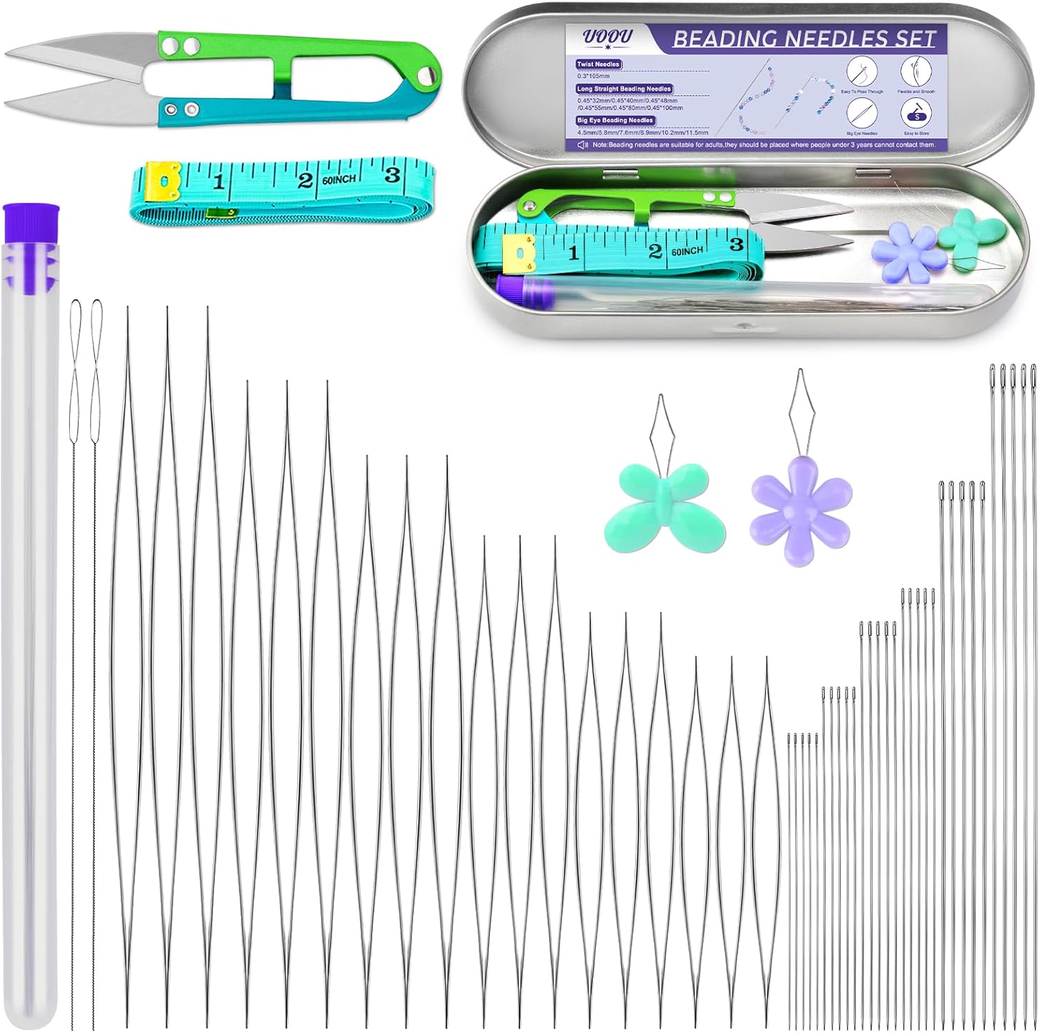 86 Pcs Beading Needle Set,6 Sizes Big Eye Seed Bead Needles,Long Straight Beading Needle,Twist Beading Needles,Flexible Needle for Beads for Jewelry Making