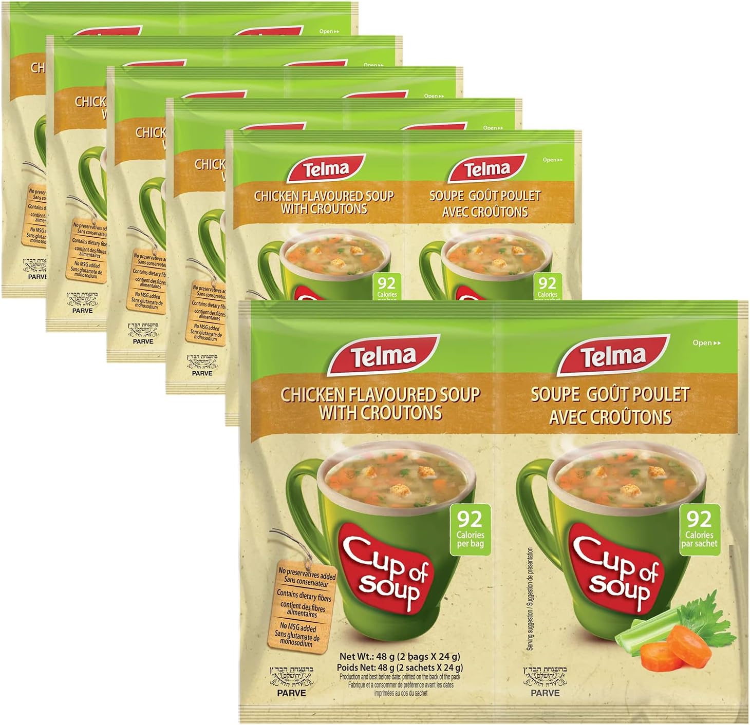Telma Chicken Flavoured Soup with Croutons – 6 Pack (12 Sachets x 24 grams) – Instant Cup of Soup – 92 Calories – No Preservatives – Kosher Parve – Quick & Easy Meal or Snack – Savoury & Tasty