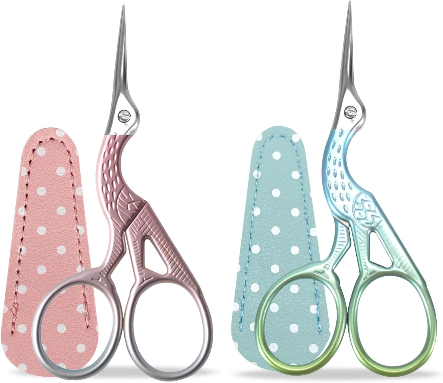 Sewing Scissors Set of 2, Small Stork Stainless Steel Embroidery Scissors for Craft Needlework Sewing with Fake Leather Cover-Blue and Pink