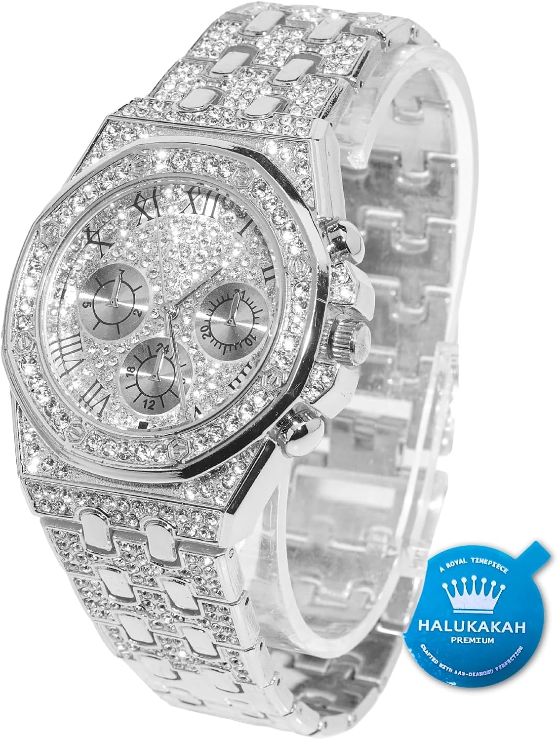 Halukakah Diamonds Gold Watch Iced Out,Men's 18K Real Gold/Platinum White Gold Plated 40MM Width Roman Numerals Dial Quartz Wristband 8.7" with Cuban Link Chain 8"+18" Necklace Bracelet,Free Giftbox