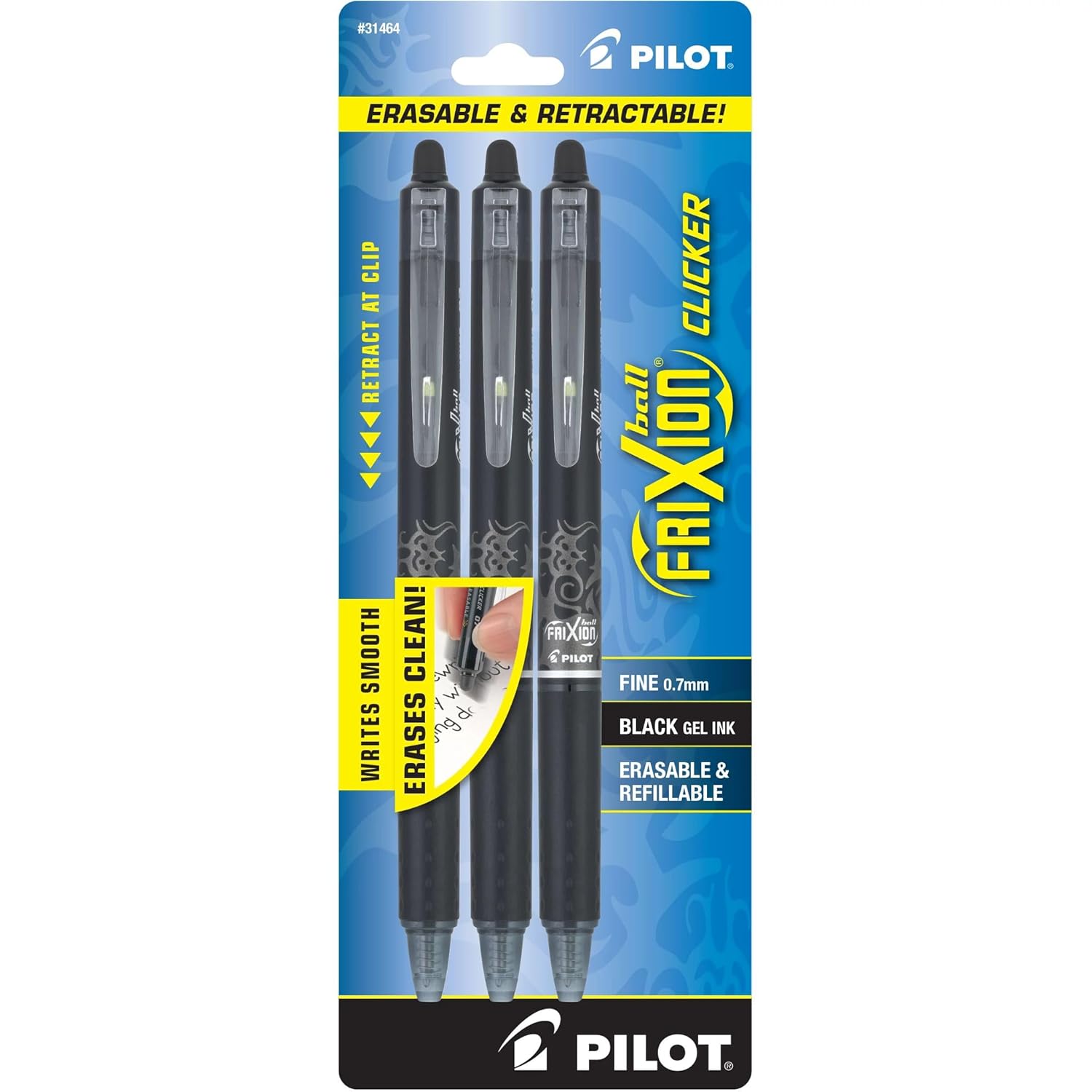 PILOT FriXion Clicker Erasable, Refillable & Retractable Gel Ink Pens, Fine Point, Black Ink, 3-Pack (31464)