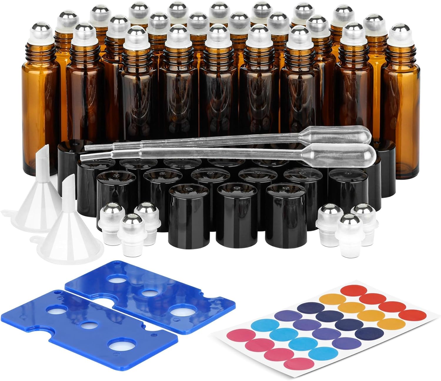 ComSaf 24Pcs, 10ml Glass Essential Oil Roller Bottles, Amber Glass Bottles with Stainless Steel Roller Balls, Glass Bottles with Labels, Travel Perfume Bottle, Aromatherapy, for Facial Body Care