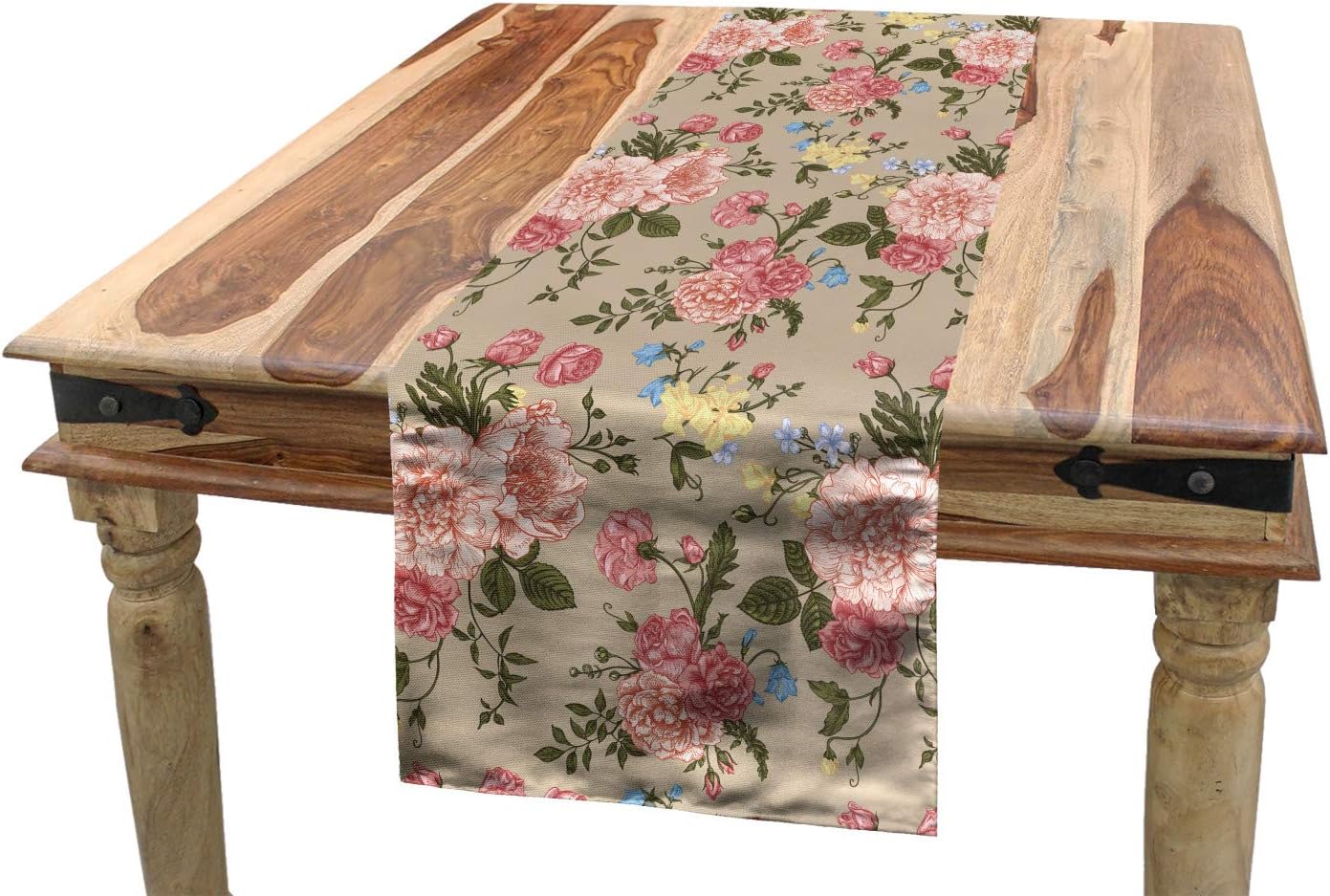 Lunarable Peonies Table Runner, Vintage Flower Field Bouquet Feminine Victorian Rose Peas Bell Blooms Baroque, Dining Room Kitchen Rectangular Runner, 16" X 72", Lila Blush Pale Blue