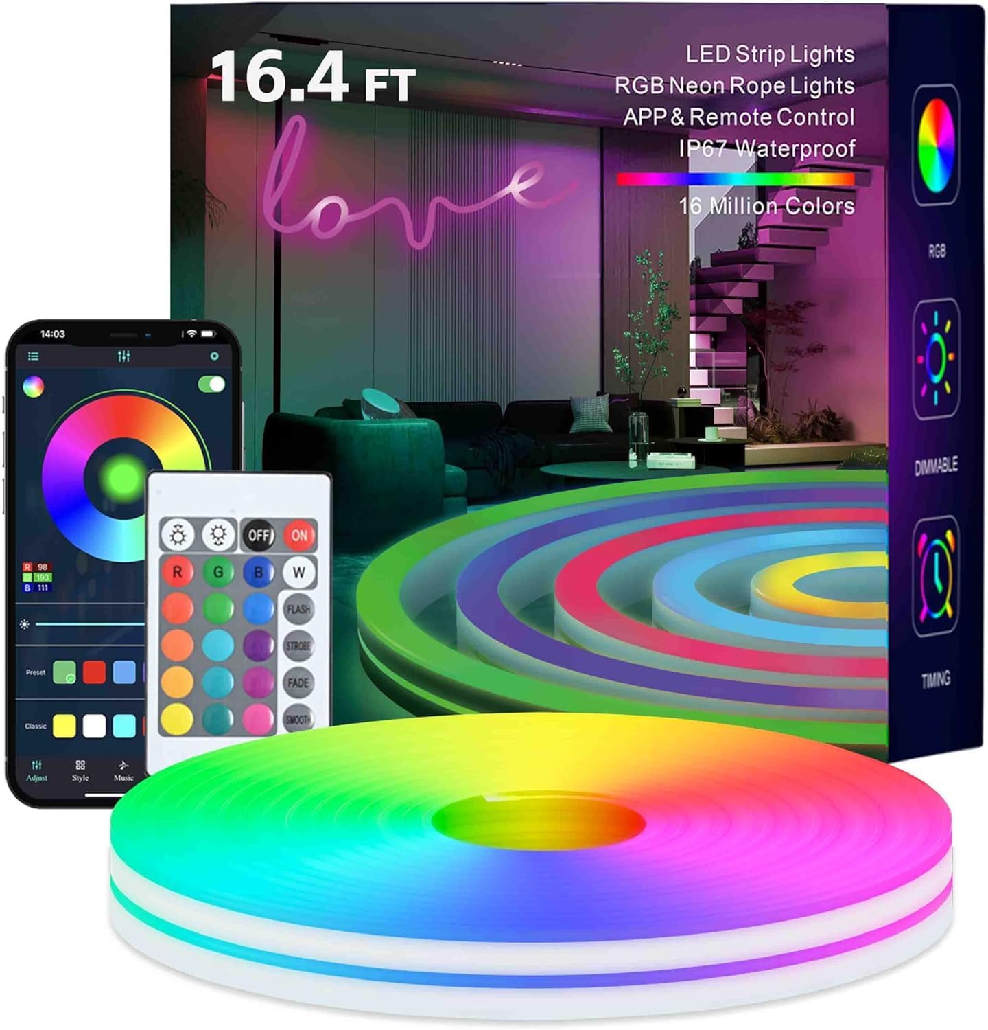Neon Rope Lights, 16.4FT RGB LED Strip Lights, App Control, IR Remote, Outdoor IP67 Waterproof, Music Syncing, Flexible DIY Design for Bedroom, Gaming, Party, Christmas Decor