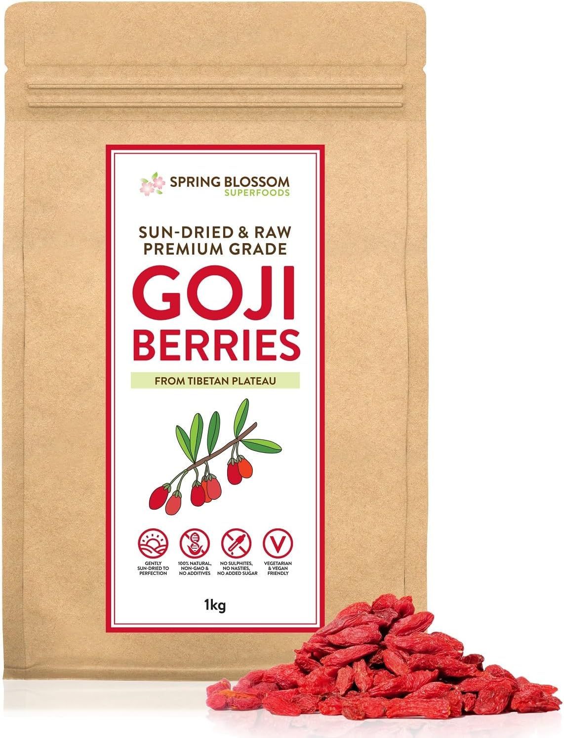 1KG 100% Natural Goji Berries from Tibetan Plateau, Large RAW & Sun-Dried, Pure Wolfberry Fruit Snack, No Additives, Pesticides, Sulphites, Non-GMO, Gluten-Free, Vegan Healthy Superfood
