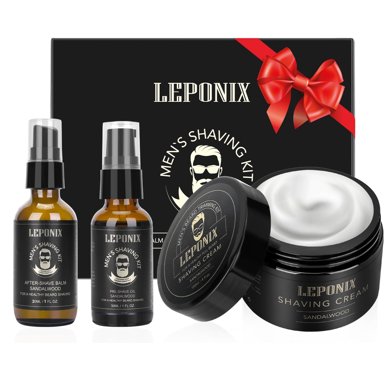 LEPONIX Men's Shaving Kit Gift Set- Sandalwood Shaving Cream, After Shave Lotion & Pre Shave Oil - Fights Razor Burn, Nicks & Cuts - Luxury Grooming Essentials for Men, Husband - Stocking Stuffers