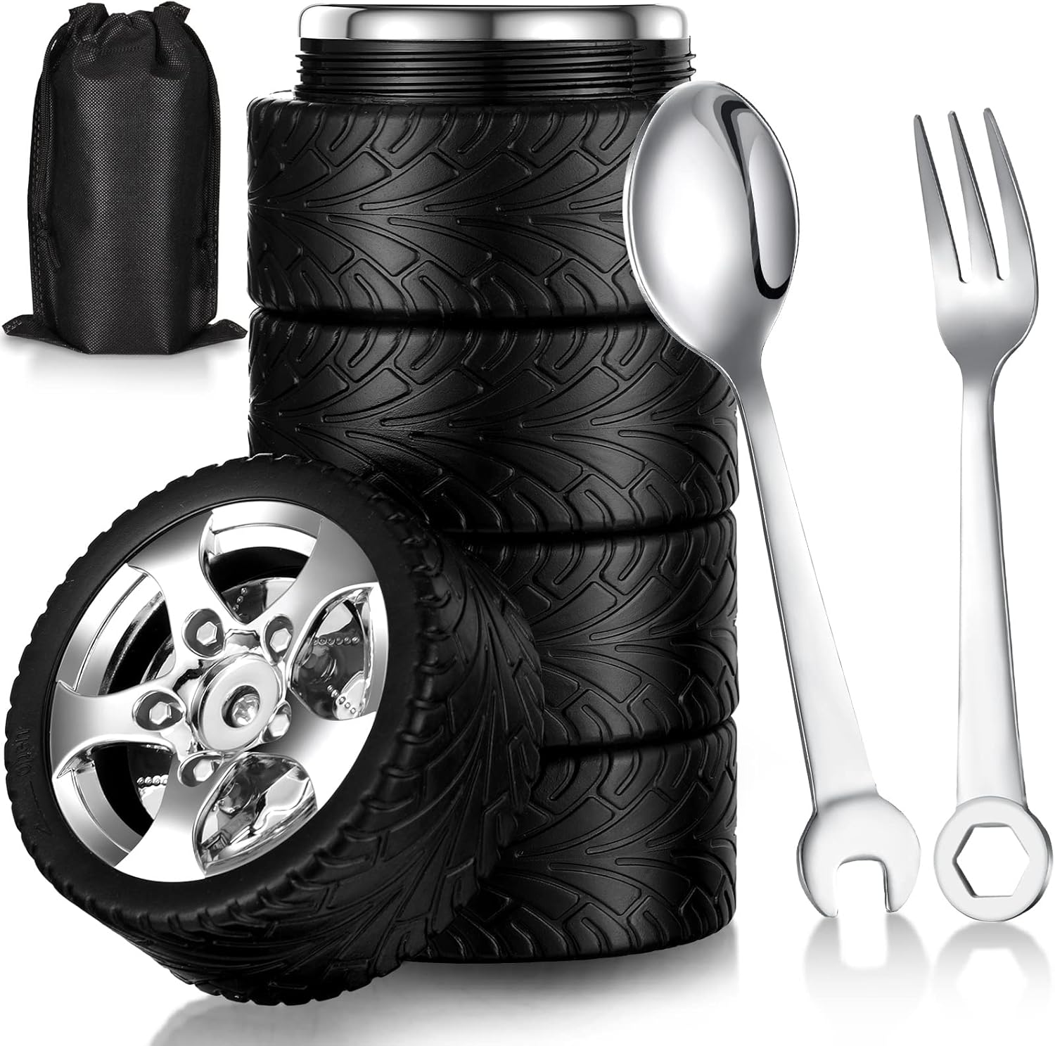 Yungyan 3 Pcs Tyre Water Bottle Gift for Man Fathers Day Dad Gifts Stainless Steel Coffee Tea Mug with Tool Fork and Spoon for Halloween Thanksgiving Christmas Valentine Car Lover Birthday Gift